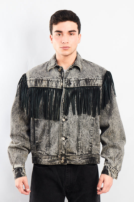 1980 Vintage Harley Davidson Acid Wash Fringe Denim Jacket (M/L)