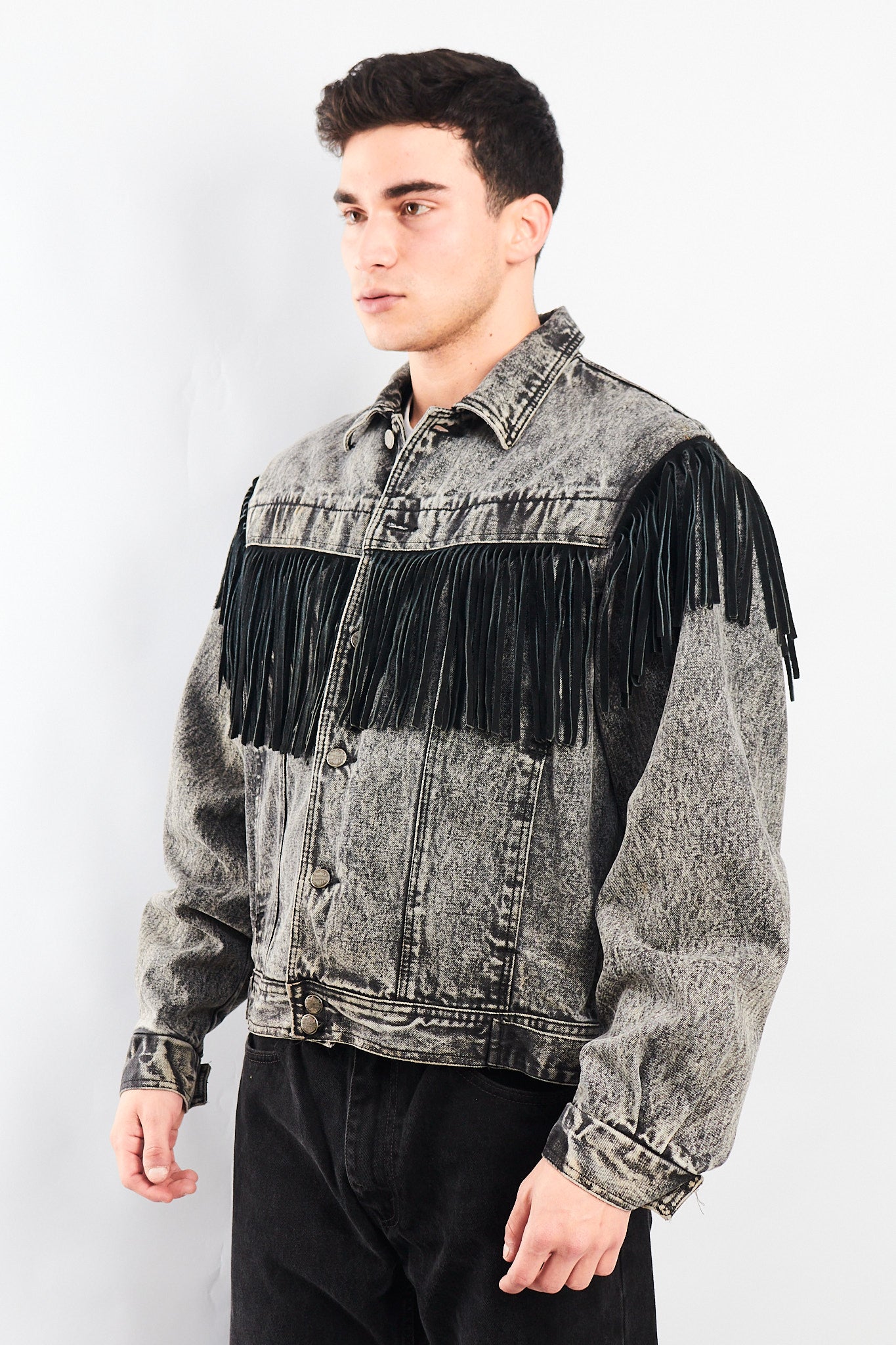 1980 Vintage Harley Davidson Acid Wash Fringe Denim Jacket (M/L)