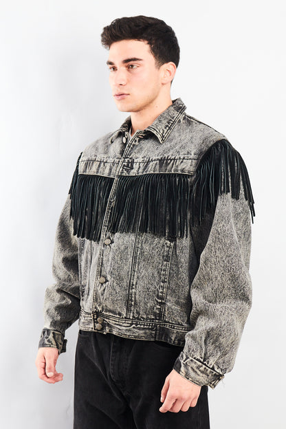 1980 Vintage Harley Davidson Acid Wash Fringe Denim Jacket (M/L)