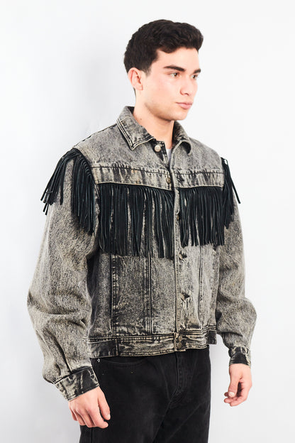 1980 Vintage Harley Davidson Acid Wash Fringe Denim Jacket (M/L)
