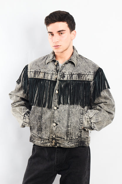 1980 Vintage Harley Davidson Acid Wash Fringe Denim Jacket (M/L)