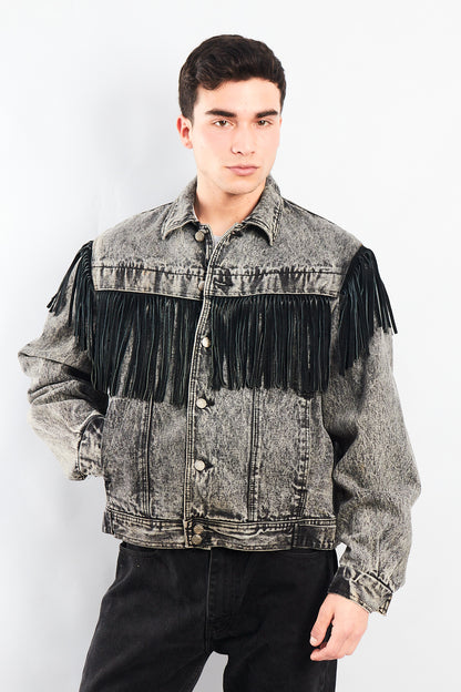 1980 Vintage Harley Davidson Acid Wash Fringe Denim Jacket (M/L)