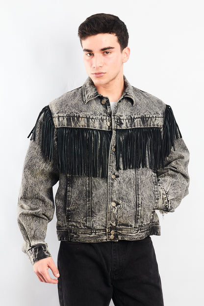 1980 Vintage Harley Davidson Acid Wash Fringe Denim Jacket (M/L)