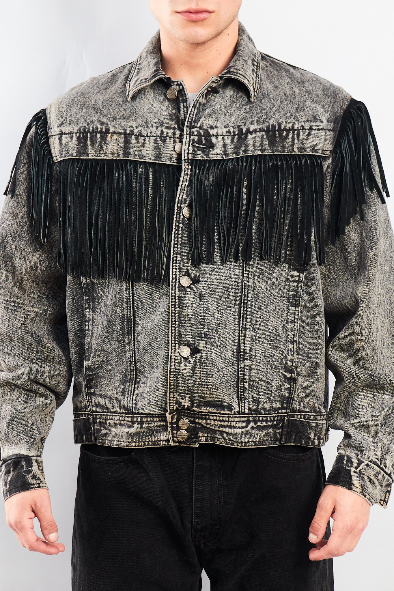 1980 Vintage Harley Davidson Acid Wash Fringe Denim Jacket (M/L)