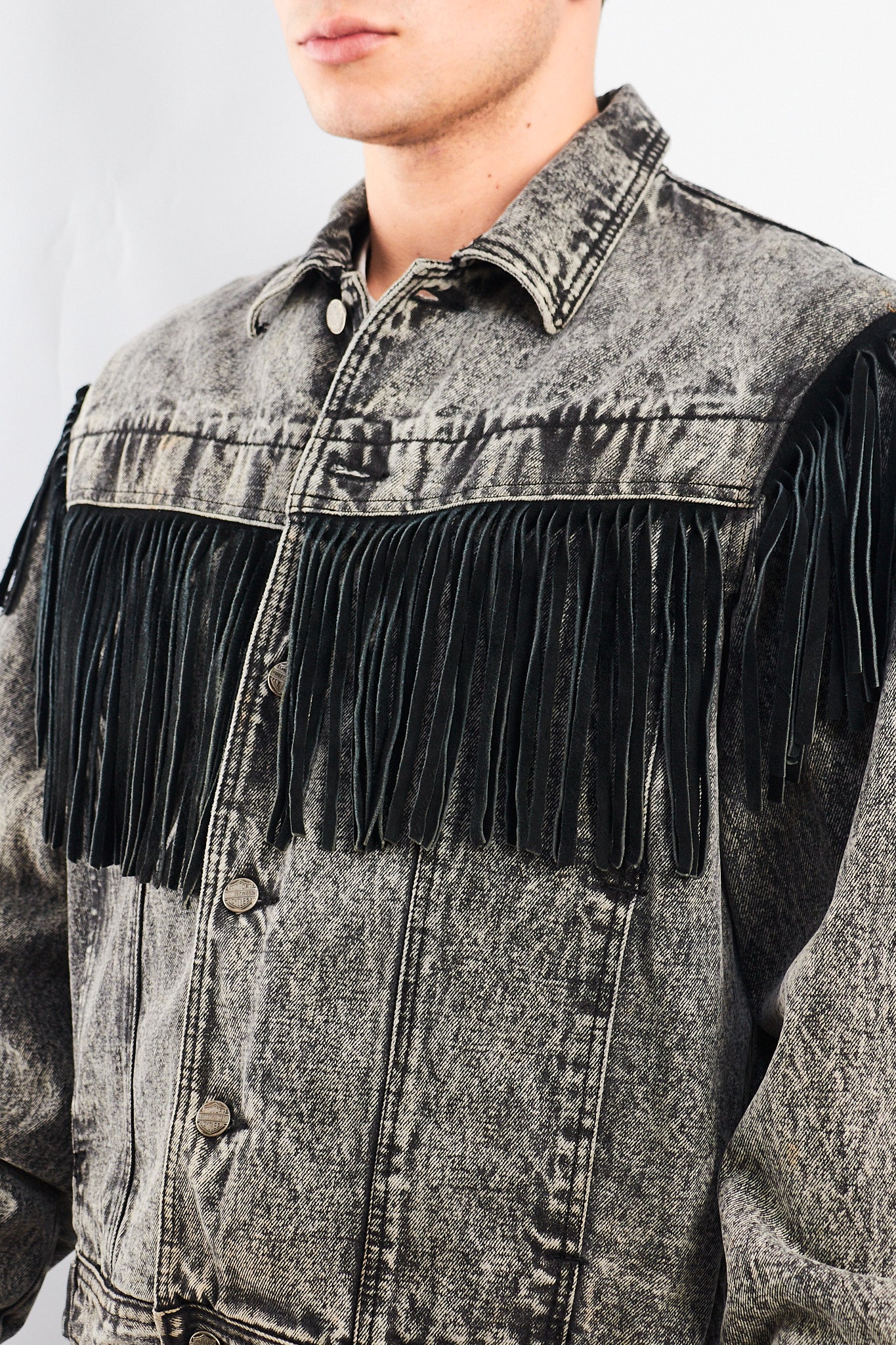 1980 Vintage Harley Davidson Acid Wash Fringe Denim Jacket (M/L)