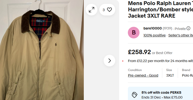 1990 Vintage Polo Ralph Lauren Cordoroy Collar Padded Harrington (L/XL)