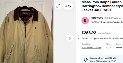 1990 Vintage Polo Ralph Lauren Cordoroy Collar Padded Harrington (L/XL)