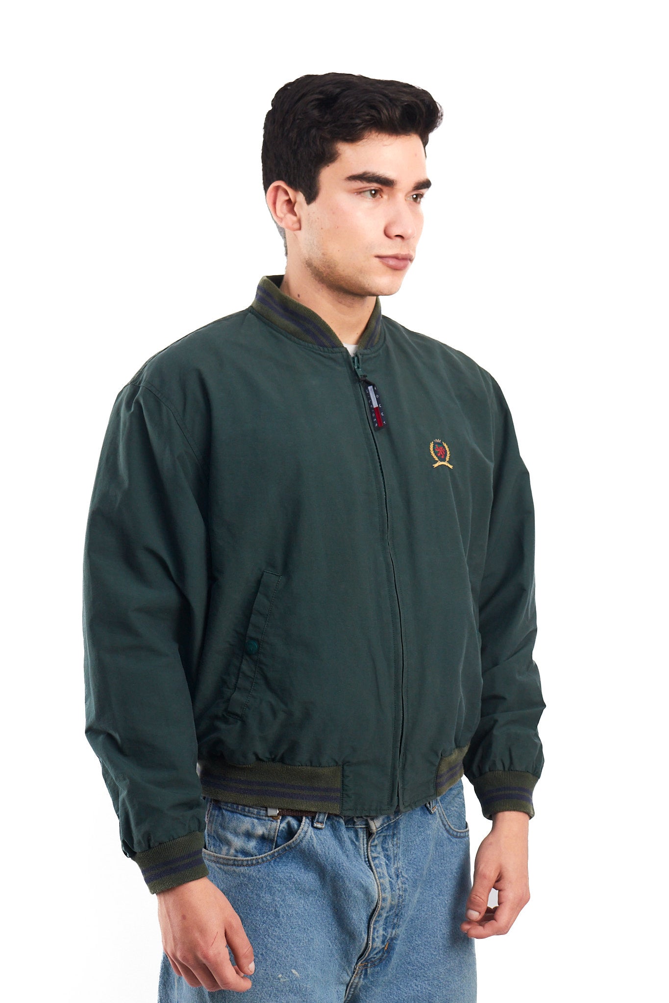 1990 Vintage Tommy Lion Crest Moss Green Bomber Jacket (S/M)