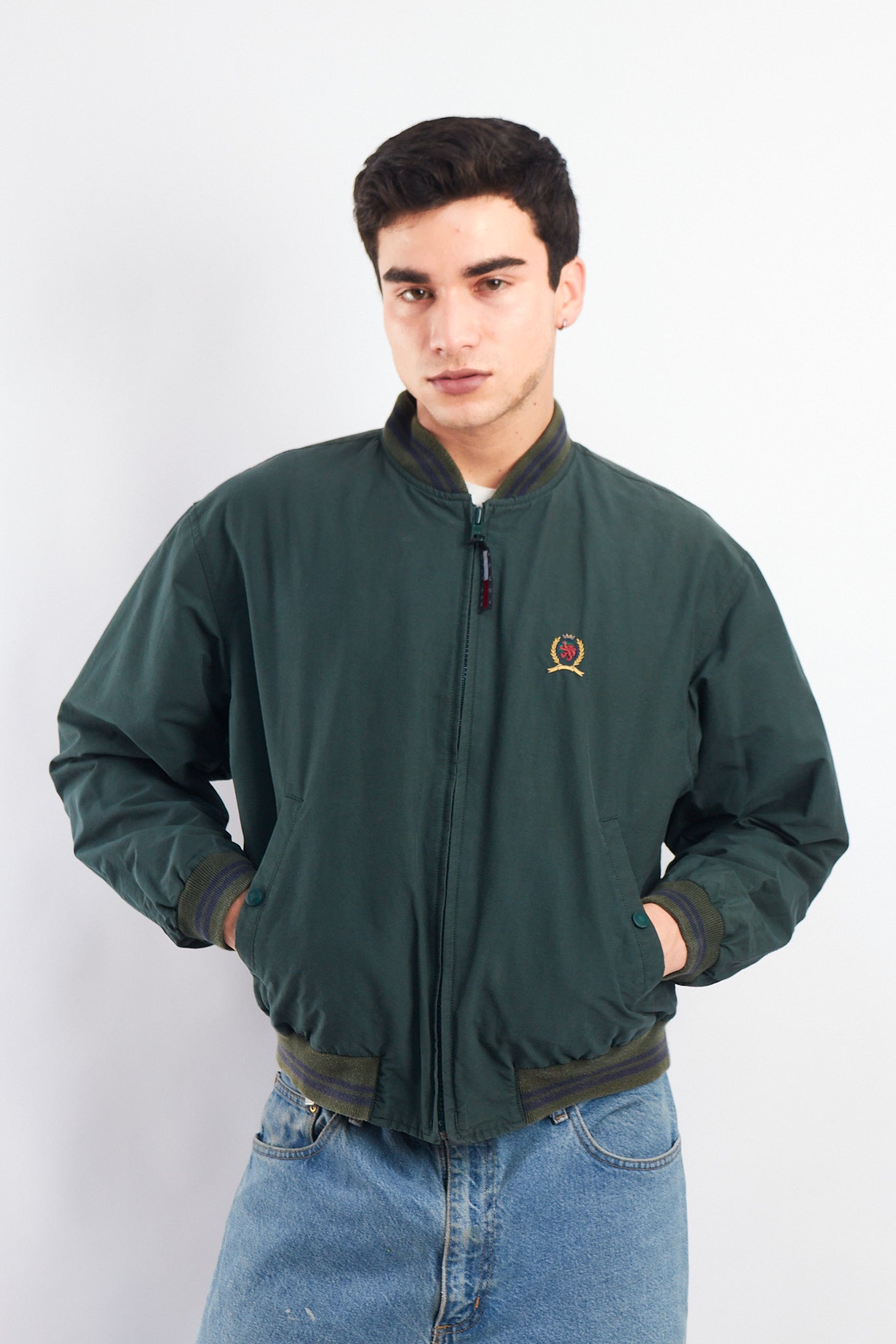 1990 Vintage Tommy Lion Crest Moss Green Bomber Jacket (S/M)