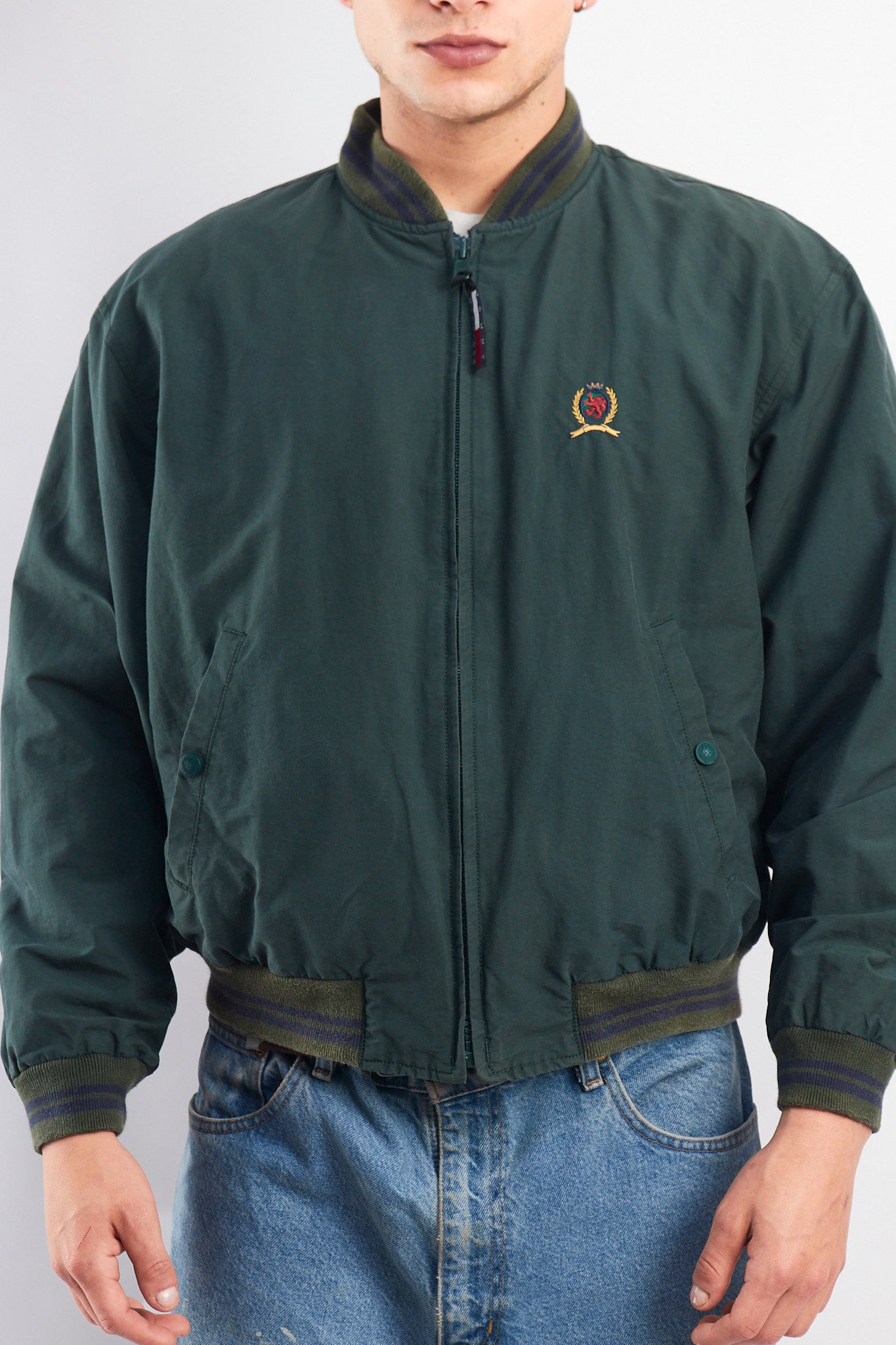 1990 Vintage Tommy Lion Crest Moss Green Bomber Jacket (S/M)