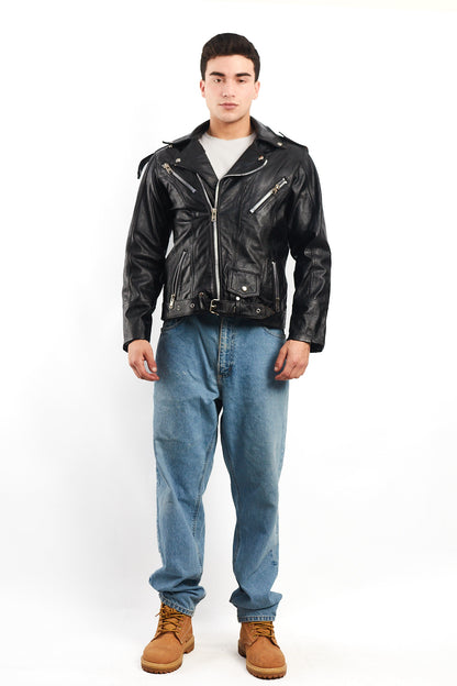 Vintage Heavy Leather Biker Jacket (M)