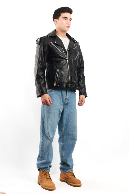 Vintage Heavy Leather Biker Jacket (M)