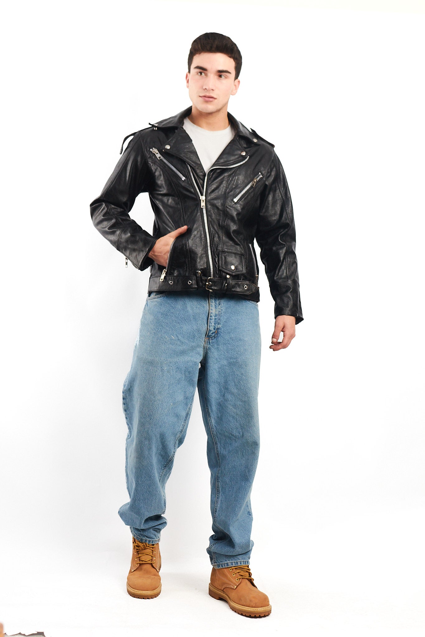 Vintage Heavy Leather Biker Jacket (M)