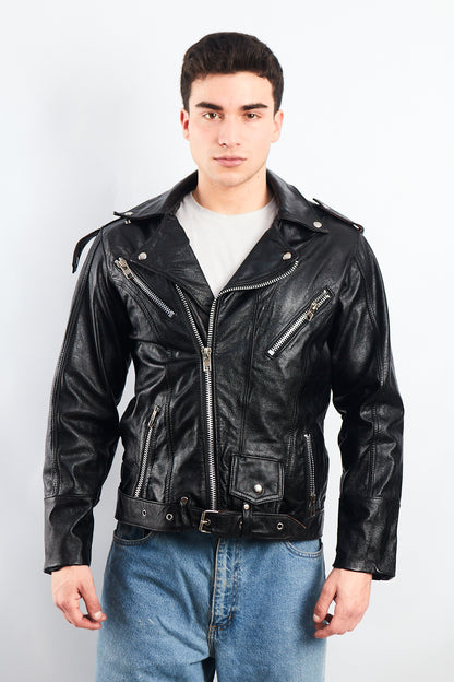 Vintage Heavy Leather Biker Jacket (M)