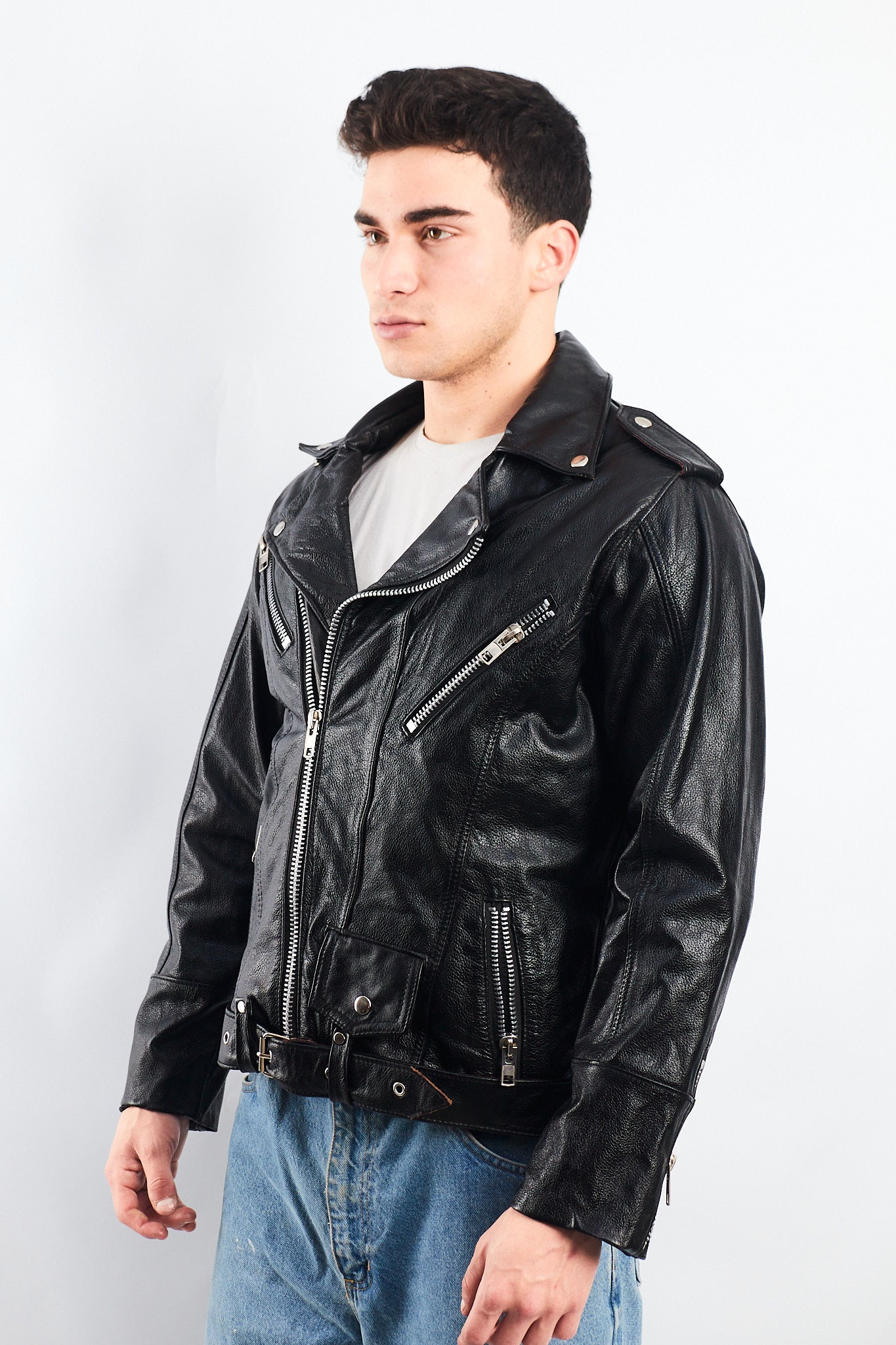 Vintage Heavy Leather Biker Jacket (M)