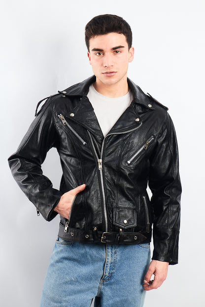 Vintage Heavy Leather Biker Jacket (M)