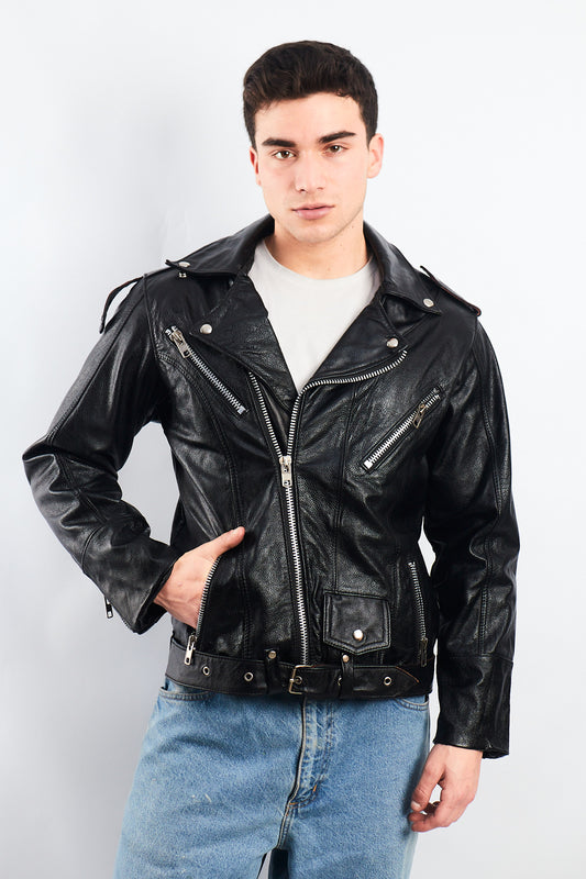 Vintage Heavy Leather Biker Jacket (M)