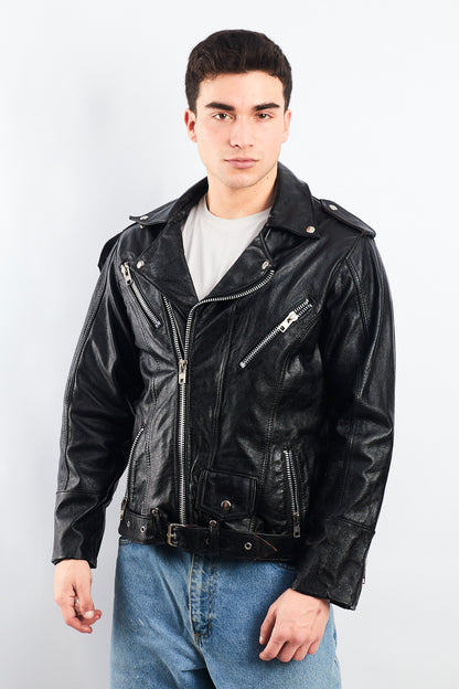 Vintage Heavy Leather Biker Jacket (M)