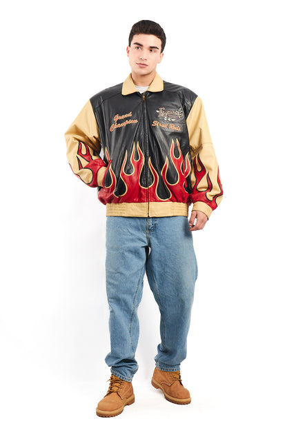 2000 Vintage Auto Expo Flames Leather Jacket (L/XL)
