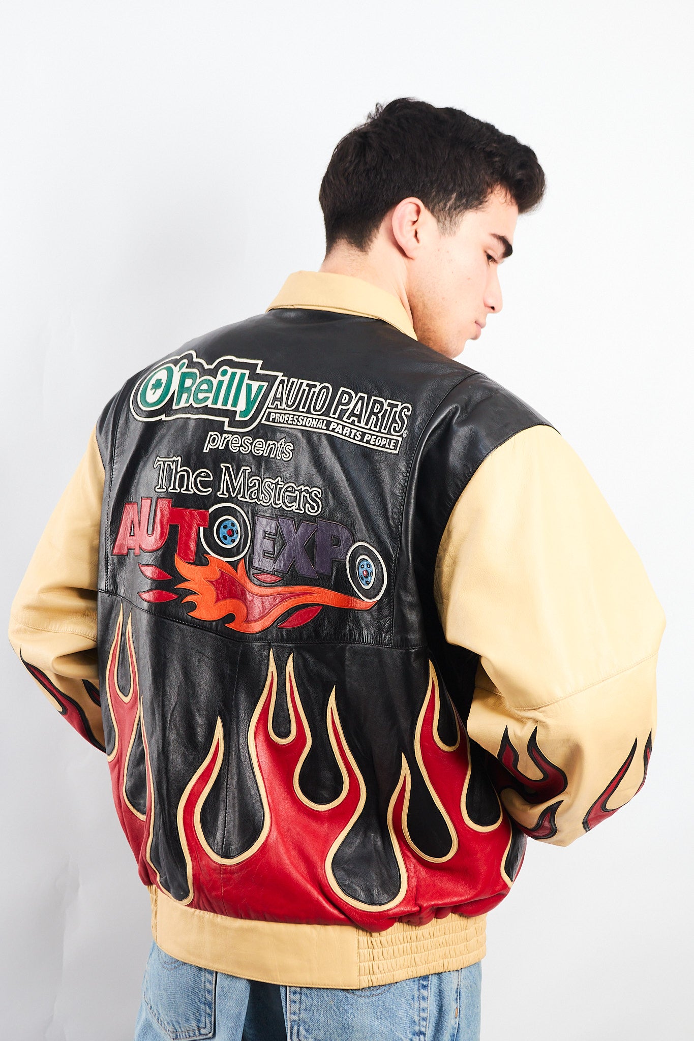2000 Vintage Auto Expo Flames Leather Jacket (L/XL)