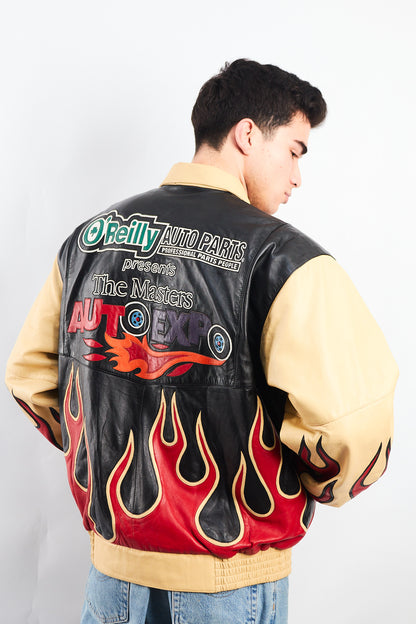 2000 Vintage Auto Expo Flames Leather Jacket (L/XL)