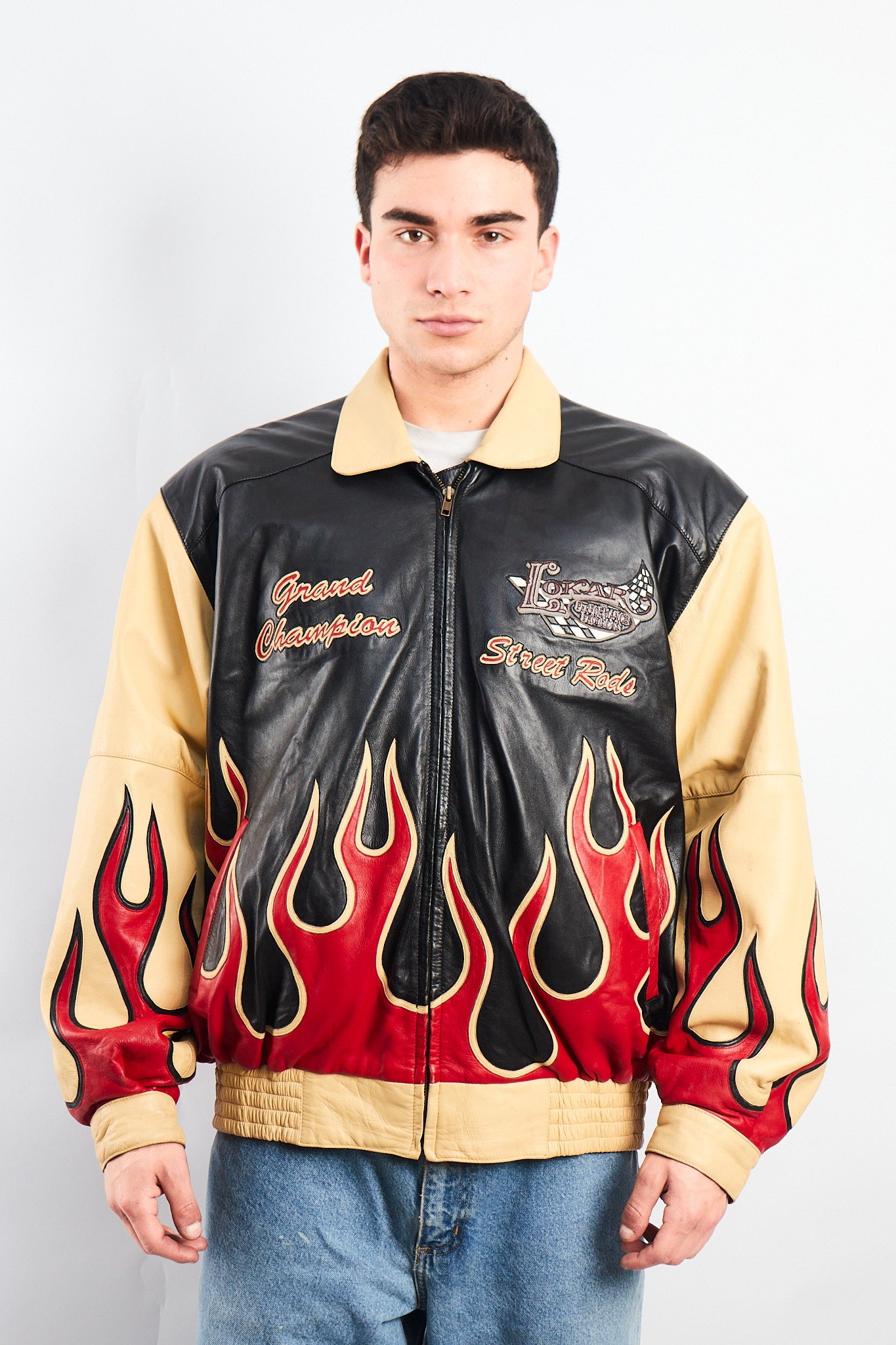 2000 Vintage Auto Expo Flames Leather Jacket (L/XL)