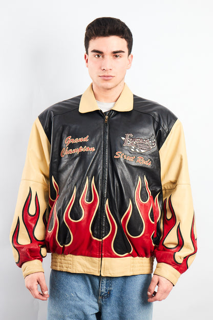 2000 Vintage Auto Expo Flames Leather Jacket (L/XL)