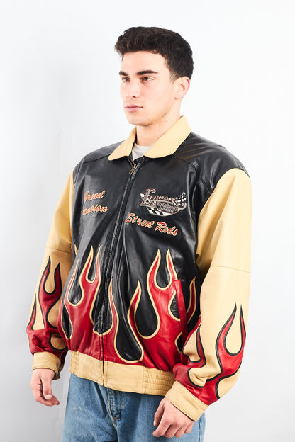 2000 Vintage Auto Expo Flames Leather Jacket (L/XL)