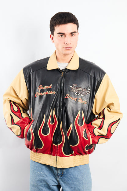 2000 Vintage Auto Expo Flames Leather Jacket (L/XL)