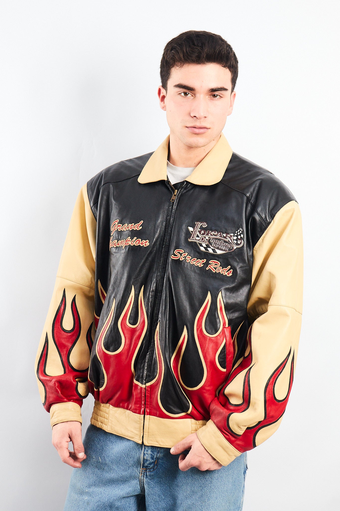 2000 Vintage Auto Expo Flames Leather Jacket (L/XL)