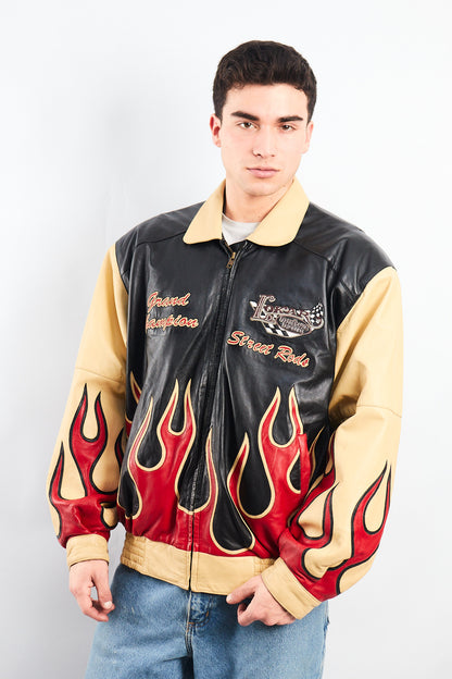 2000 Vintage Auto Expo Flames Leather Jacket (L/XL)