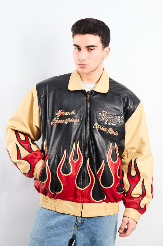 2000 Vintage Auto Expo Flames Leather Jacket (L/XL)
