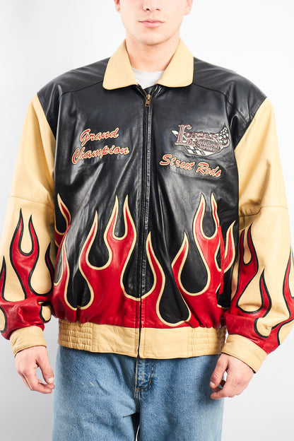 2000 Vintage Auto Expo Flames Leather Jacket (L/XL)