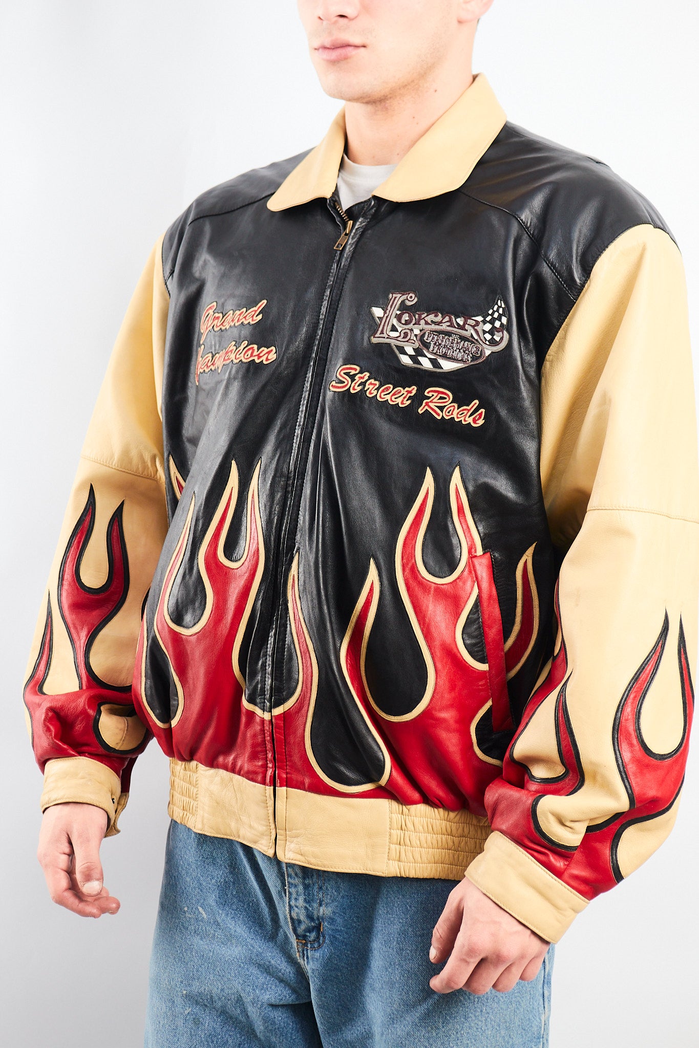 2000 Vintage Auto Expo Flames Leather Jacket (L/XL)