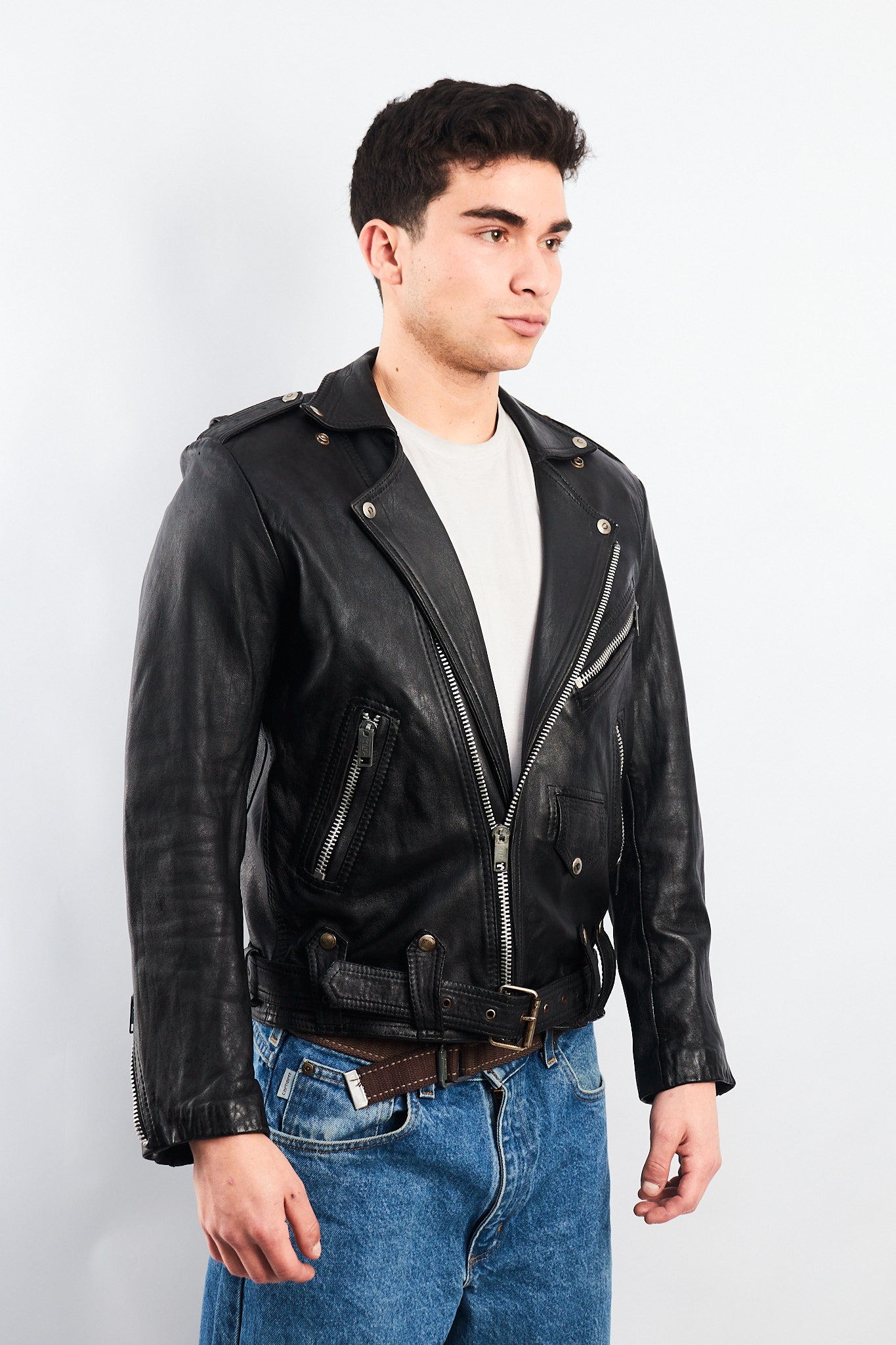 1990 Robert Talbott Leather Biker Jacket (S/M)