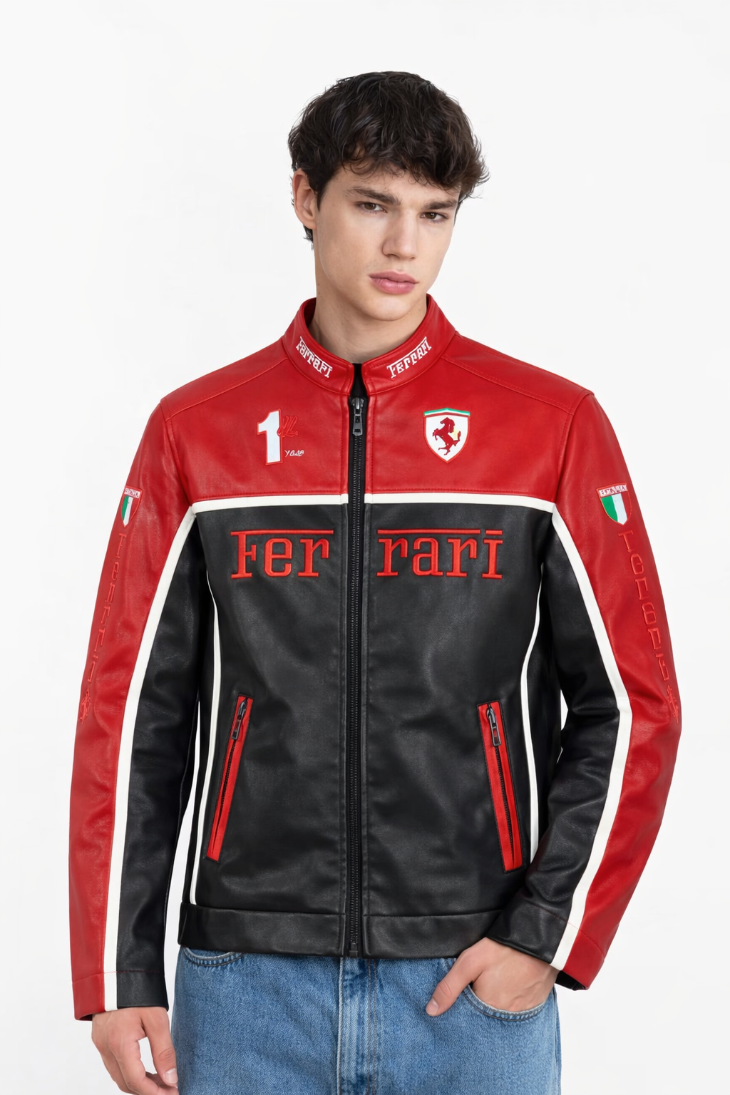 Ferrari Black, Red and White Vegan Leather Jacket