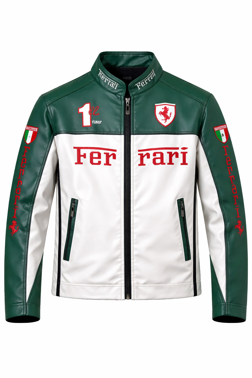 Ferrari Green and White Vegan Leather Jacket