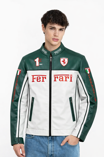 Ferrari Green and White Vegan Leather Jacket