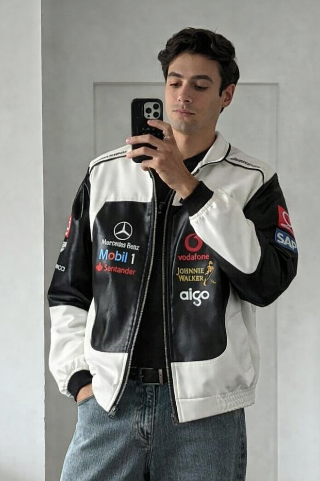 Mercedes Vegan Leather Racing Jacket (White)