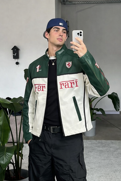 Ferrari Green and White Vegan Leather Jacket