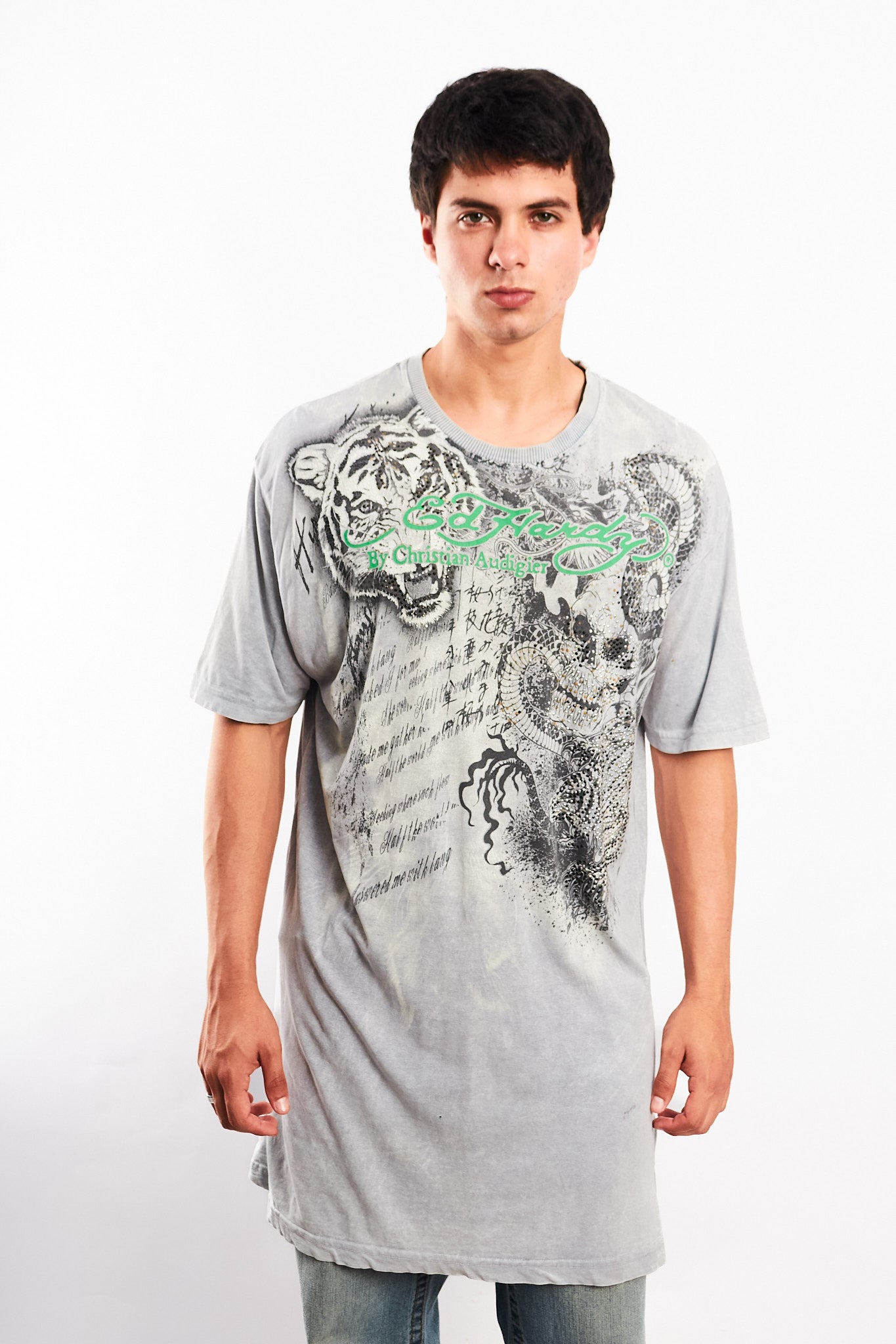 Y2K Vintage Ed Hary by Christian Audigier Rhinestone Graphic T-shirt (L/XL)