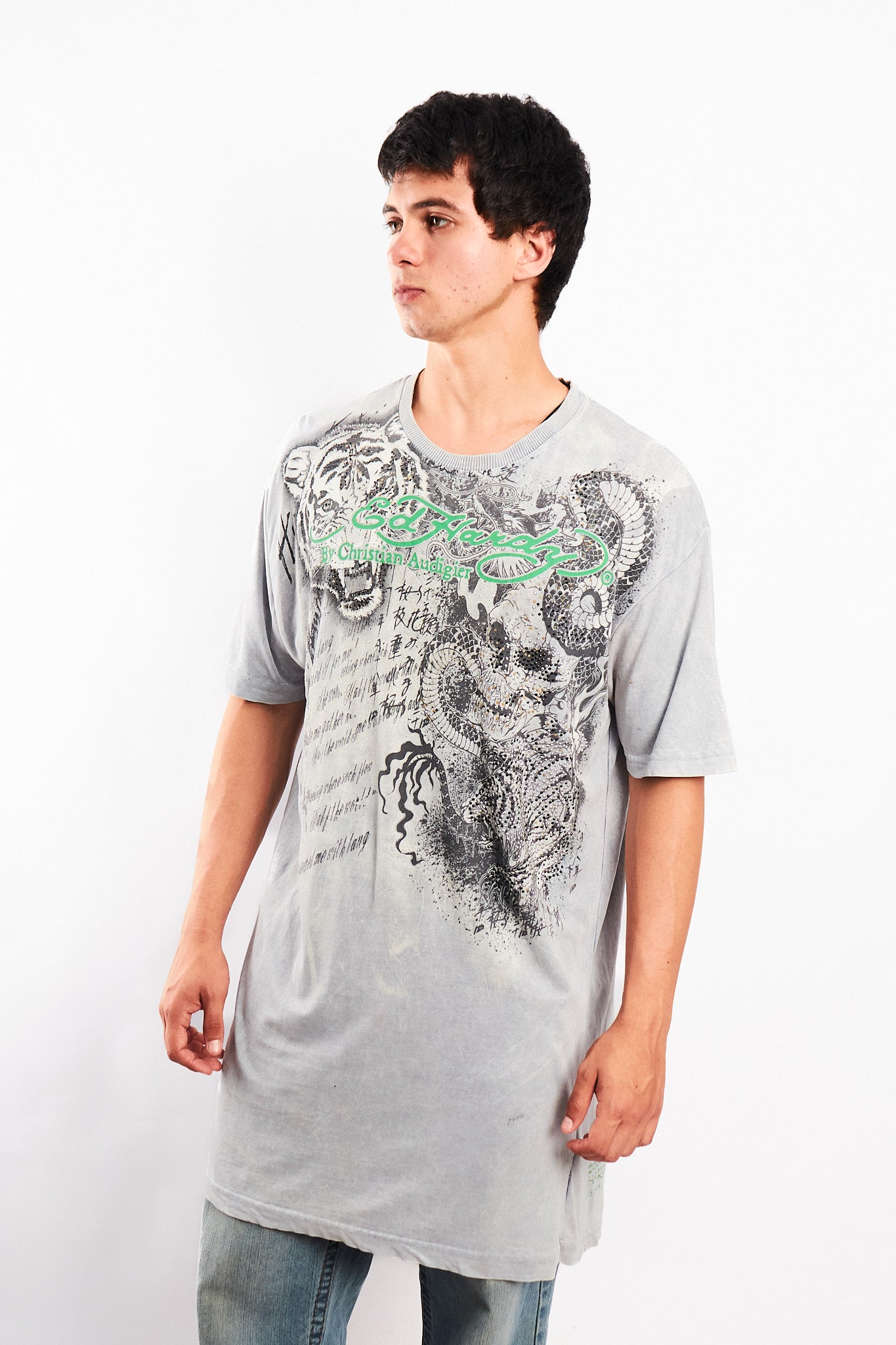 Y2K Vintage Ed Hary by Christian Audigier Rhinestone Graphic T-shirt (L/XL)
