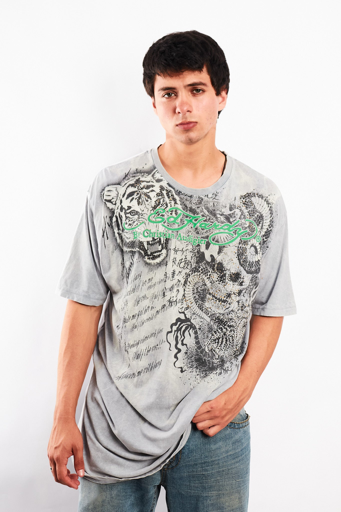 Y2K Vintage Ed Hary by Christian Audigier Rhinestone Graphic T-shirt (L/XL)