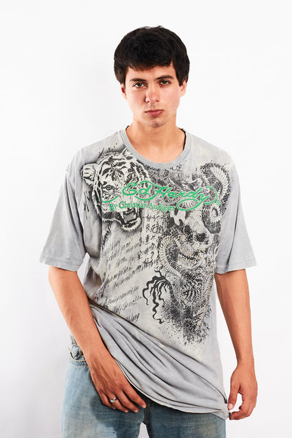 Y2K Vintage Ed Hary by Christian Audigier Rhinestone Graphic T-shirt (L/XL)
