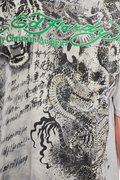 Y2K Vintage Ed Hary by Christian Audigier Rhinestone Graphic T-shirt (L/XL)