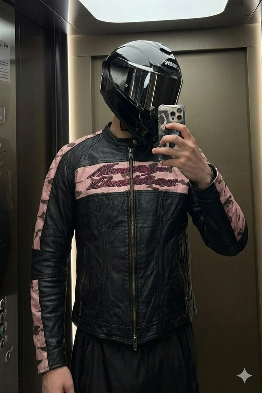 2000 Vintage Harley Davidson Camo Leather Moto Jacket (S/M)