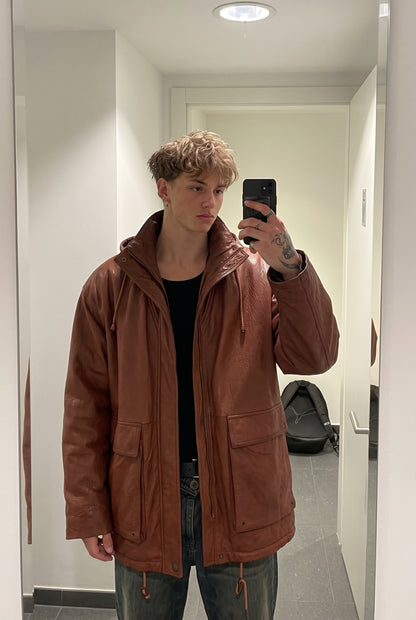 2000 Vintage Leather Caramel Hooded Coat (M/L)