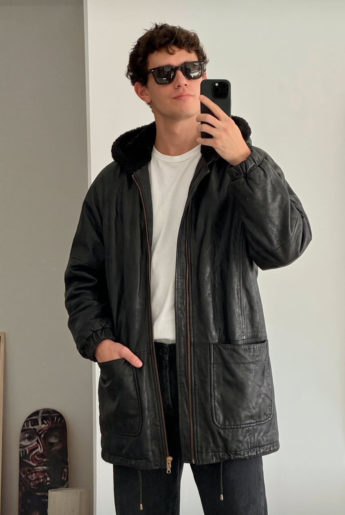2000 Vintage Reversible Leather / Faux Fur Hooded Coat (L/XL)