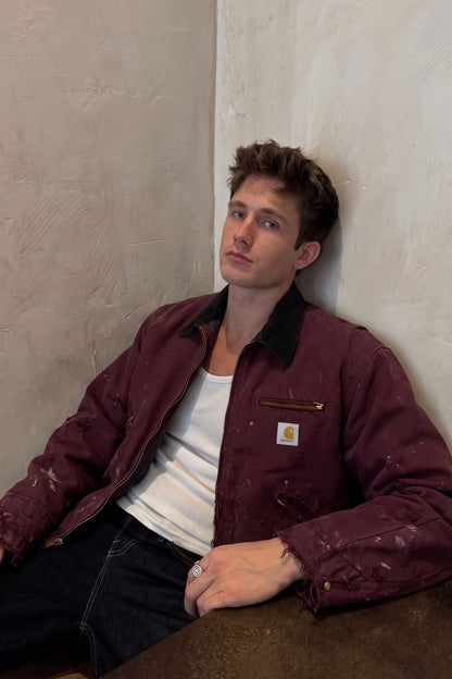 1990 Vintage Carhartt Burgundy Painted Distressed Detroit Jacket (M)
