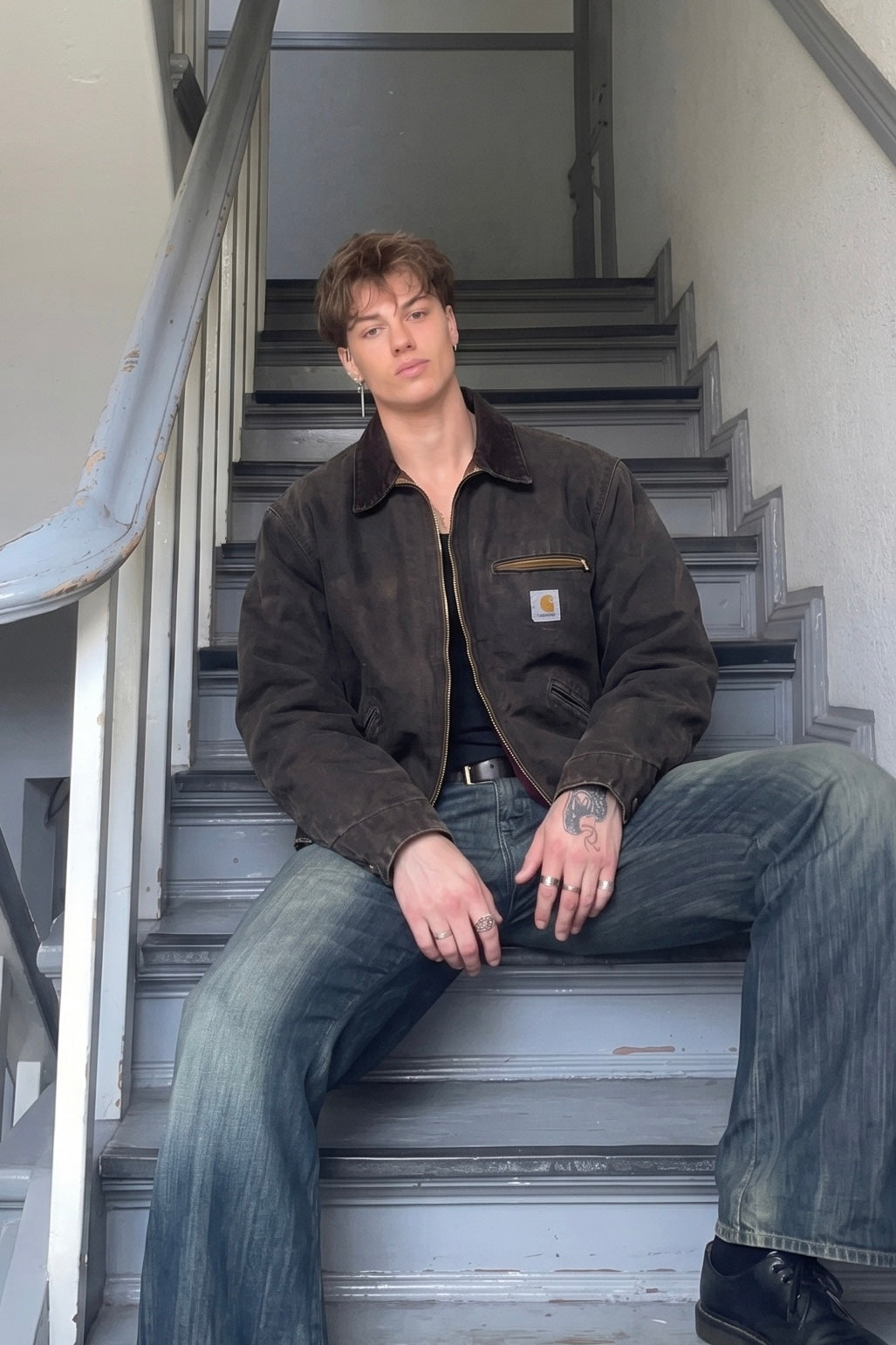 2000 Vintage Carhartt Washed Black Boxy Detroit Jacket (M)